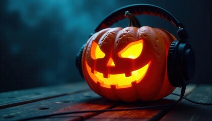 Grinning jack-o'-lantern, headphones, dark setting, headphones, autumn, lights