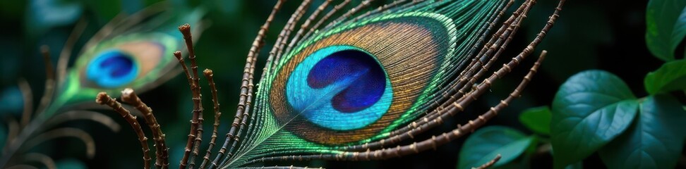 Fototapeta premium Intricate peacock feather, iridescent blues, greens, and browns , isolated, green, glossy
