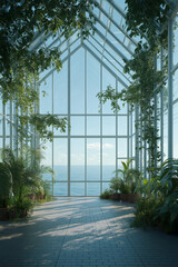 Modern glass greenhouse filled with lush plants and mountain landscape