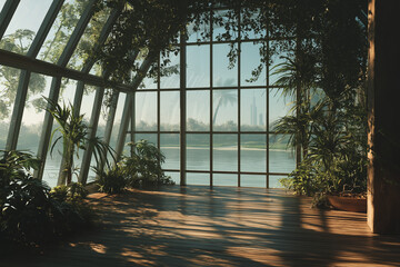 Modern glass greenhouse filled with lush plants and mountain landscape