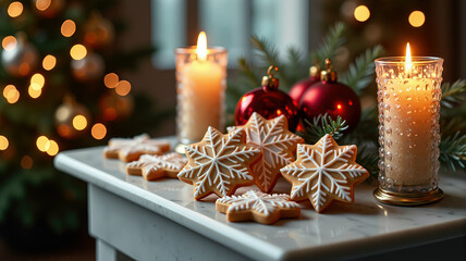 Handcrafted snowflake cookies with intricate detailed patterns elegantly decorating marble fireplace mantel between luxurious candles in crystal holders. A festive card for Christmas and New Year.