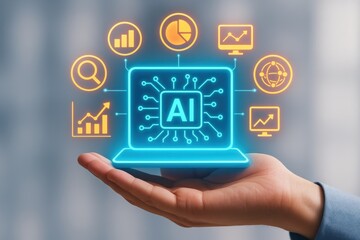 Fototapeta premium Modern Laptop with AI Graphics and Data Visualization Tools in a User's Hand