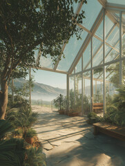 Modern glass greenhouse filled with lush plants and mountain landscape