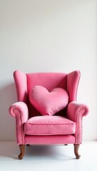 Stylish pink velvet armchair, heart-shaped cushion Bright white backdrop , clean, decor