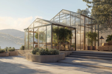 Modern glass greenhouse filled with lush plants and mountain landscape