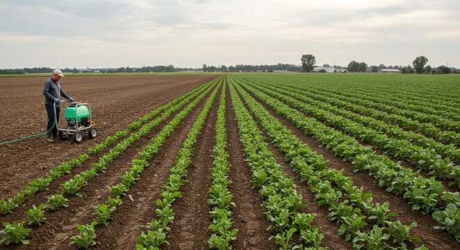 Farmer using a fertilizer spreader on a field of young plants in the countryside