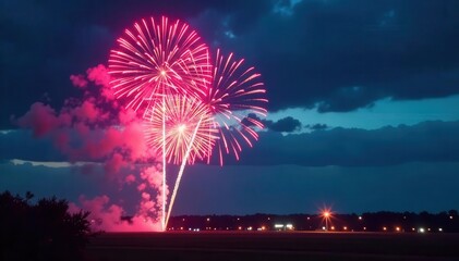 Vibrant fireworks explode against a twilight sky , colorful, purple