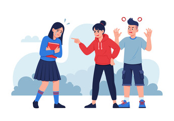 Stop Bullying - Sad Girl Crying While Being Yelled At By Two Peers In Schoolyard Atmosphere, Sadness And Emotional Distress Evoked By Peer Aggression