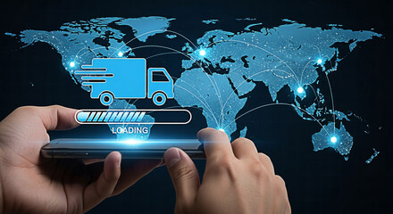 Global logistics tracking on mobile device showing delivery truck and loading bar over world map for international shipping solutions