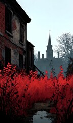 Haunting Abandoned Building with Overgrown Vegetation and Red Grass: Ghostly Atmosphere and Urban Decay in Forgotten Places Contrasting with Autumn Foliage, Church Spire Shadow, and Dark Skies