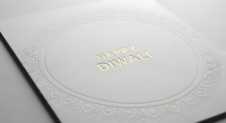 Elegant white card with embossed circular design and gold lettering "Happy Diwali".