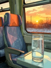 Tranquil Train Journey at Sunset: Experience Vibrant Colors and Peaceful Travel with Modern Seating and Reflective Glass for Solitary Contemplation in a Cozy Atmosphere