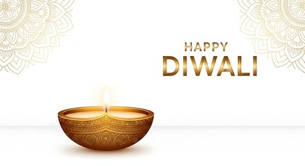 A lit diya lamp with "Happy Diwali" text and decorative mandala elements on a bright white background.
