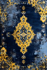 Exquisite Rug Elegance: Vibrant Hues with Navy Blue and Golden Accents in Ornate Pattern for Luxurious Interior Styling
