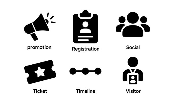 Comprehensive set of simple vector icons for promotion, registration, social interaction, ticketing, timeline, and visitor management