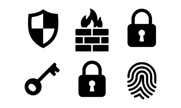 Essential security icon set featuring shield, firewall, locks, key, and fingerprint for digital protection design