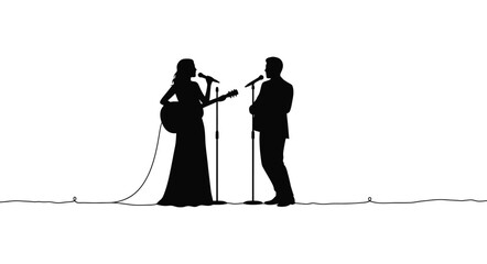 Silhouette duo performing music live concert stage with guitar and microphones artistic black and white scene