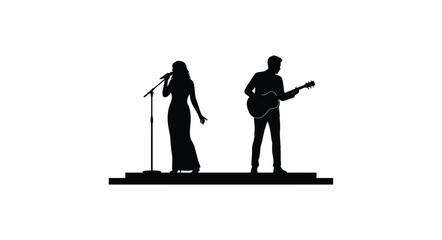 Dynamic silhouette of a female singer and male guitarist performing together on stage