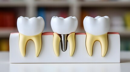 Dental implant and teeth model for education, healthcare concept closeup