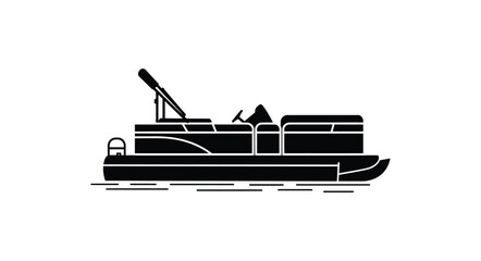 Silhouette of a pontoon boat with a canopy and driver cruising on calm water aquatic transportation leisure activity © Kuntol02