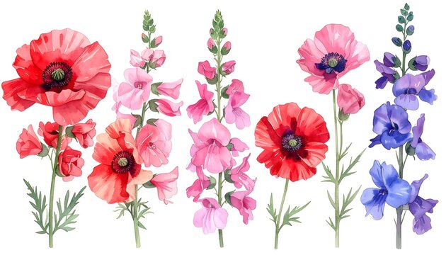 Watercolor illustration featuring vibrant blooms, red poppies, pink snapdragons, and blue delphiniums. Soft, delicate petals isolated against a white background - Powered by Adobe