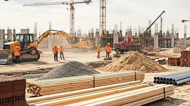 Witness the simple, powerful progress of a modern construction project, with dedicated workers and heavy machinery laying the groundwork for future structures