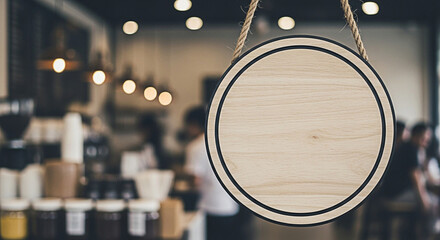 Blank wooden sign hanging in a cafe window ready for custom text and branding to welcome customers into a warm and inviting atmosphere