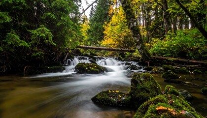 Obraz premium Cascading Waters - A Serene Forest Stream in Motion.