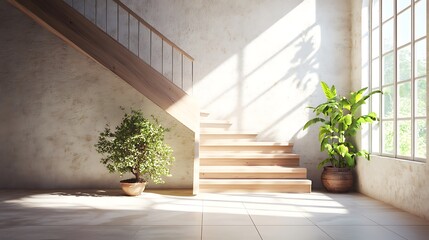 Obraz premium Bright modern rustic staircase, light-filled, elegant minimalism