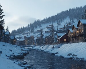 Pixelated Snowy Village By A River At Dusk