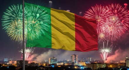 national flag of mali waves prominently against cityscape, illuminated by vibrant fireworks in night sky. independence day celebration. festive, patriotic atmosphere. mali proclamation of independence