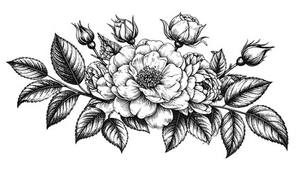 A detailed black and white illustration depicting a delicate floral arrangement featuring blooming roses and budding rose formations surrounded by intricate leafy foliage