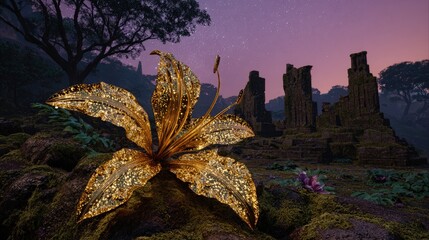 Golden Glowing Lily By Ancient Ruins At Night