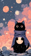 Whimsical Black Cat in Cosmic Night Sky: Enchanted Feline Illustration with Snowflakes and Vibrant Bubbles in Magical Atmosphere