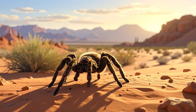 A Close-up of a Large Tarantula Spider in a Desert Landscape