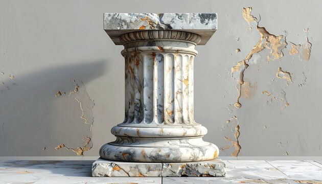 A detailed depiction of a classical, ornate column against a textured wall. Sunlight creates shadows and highlights the marble