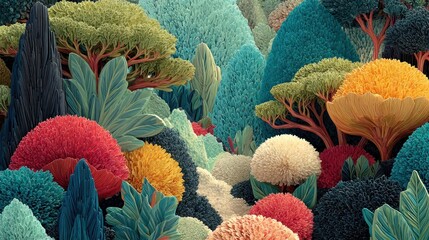 Vibrant chromatic botanical fantasy landscape with stylized foliage, artistic rendering