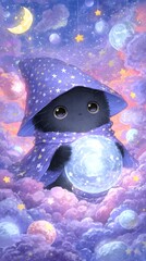 Enchanting Cosmos: Cute Whimsical Creature under Starry Night with Spellbinding Colors and Moonlit Charm in Ethereal Fantasy Art
