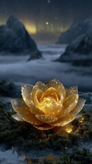 Glowing Golden Lotus Flower In Night Mountains