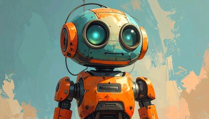 A colorful, whimsical illustration of a friendly and cute robot character