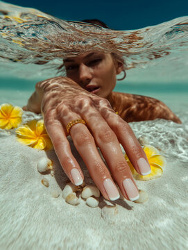 Close-up of manicured hand with white French tips resting on sandy beach with yellow flowers under tropical waves. Elegant seaside beauty captured through water.