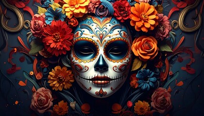 A digitally created, artistic representation of a sugar skull adorned with colorful floral arrangements. The mask has intricate patterns