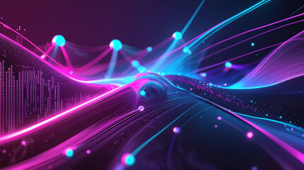 Abstract futuristic digital waves glowing in neon colors of purple and blue.