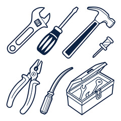 A collection of hand drawn line art illustrations of various tools including a wrench pliers hammer and toolbox