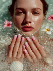 A woman soaks in bubbly water with soft pink manicured hands held near her face. Dreamy and sensual beauty shot with floral accents.