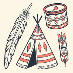 A collection of hand drawn native american inspired elements including a teepee a drum and feathers with intricate geometric patterns