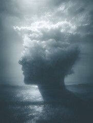 Dreamlike Landscape: Ethereal Silhouette Amidst Whimsical Clouds and Ocean Reflections in Surreal Art and Abstract Representation of Consciousness in Clouds for Introspective Imagery and Mindscape 