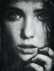 Moody Black and White Close-Up Portrait: Capturing Timeless Elegance Through Intense Gaze and Haunting Beauty in Fine Art Photography