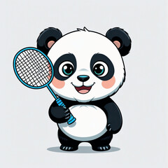 Adorable cartoon panda character holding a badminton racket