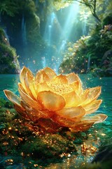 Glowing Golden Lotus In A Forest Waterfall